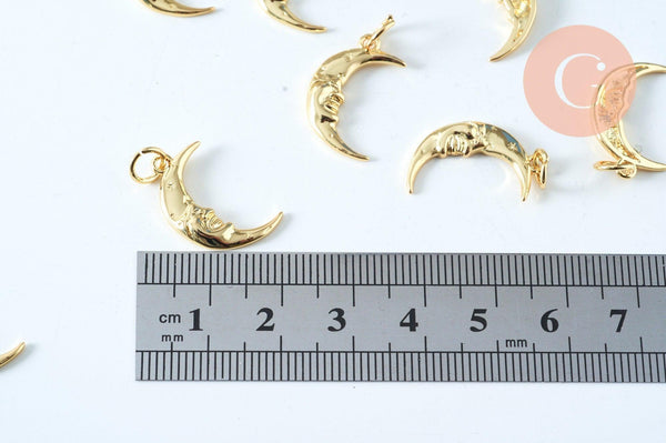 Pendentif rond lune étoiles laiton doré 16K étoile zircon 15.3mm, un pendentif doré avec cristaux pour création bijoux, x1 G6306