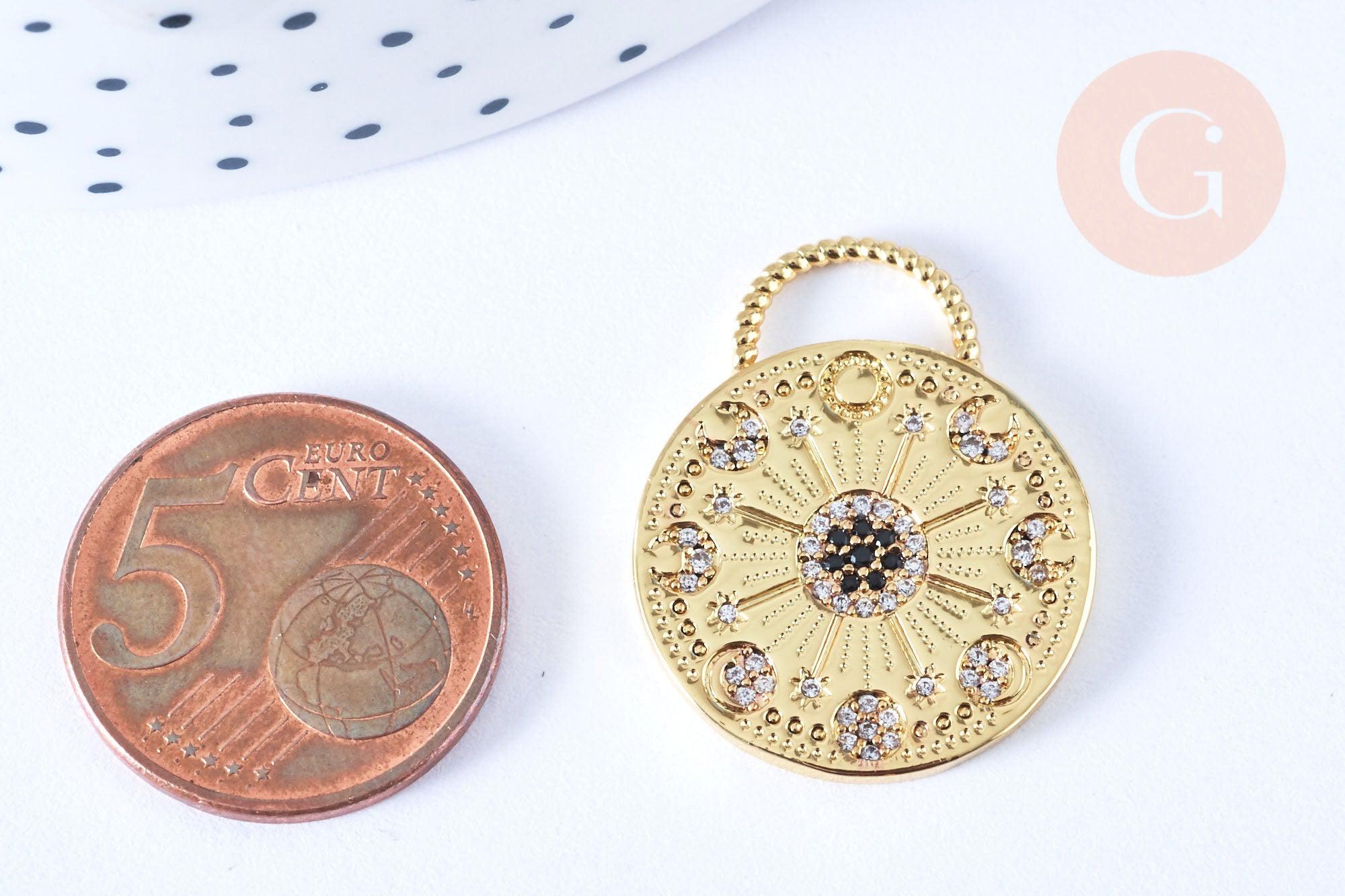 Pendentif rond lune étoiles laiton doré 18K zircon 27.5mm,pendentif doré avec cristaux pour création bijoux, x1 G6969