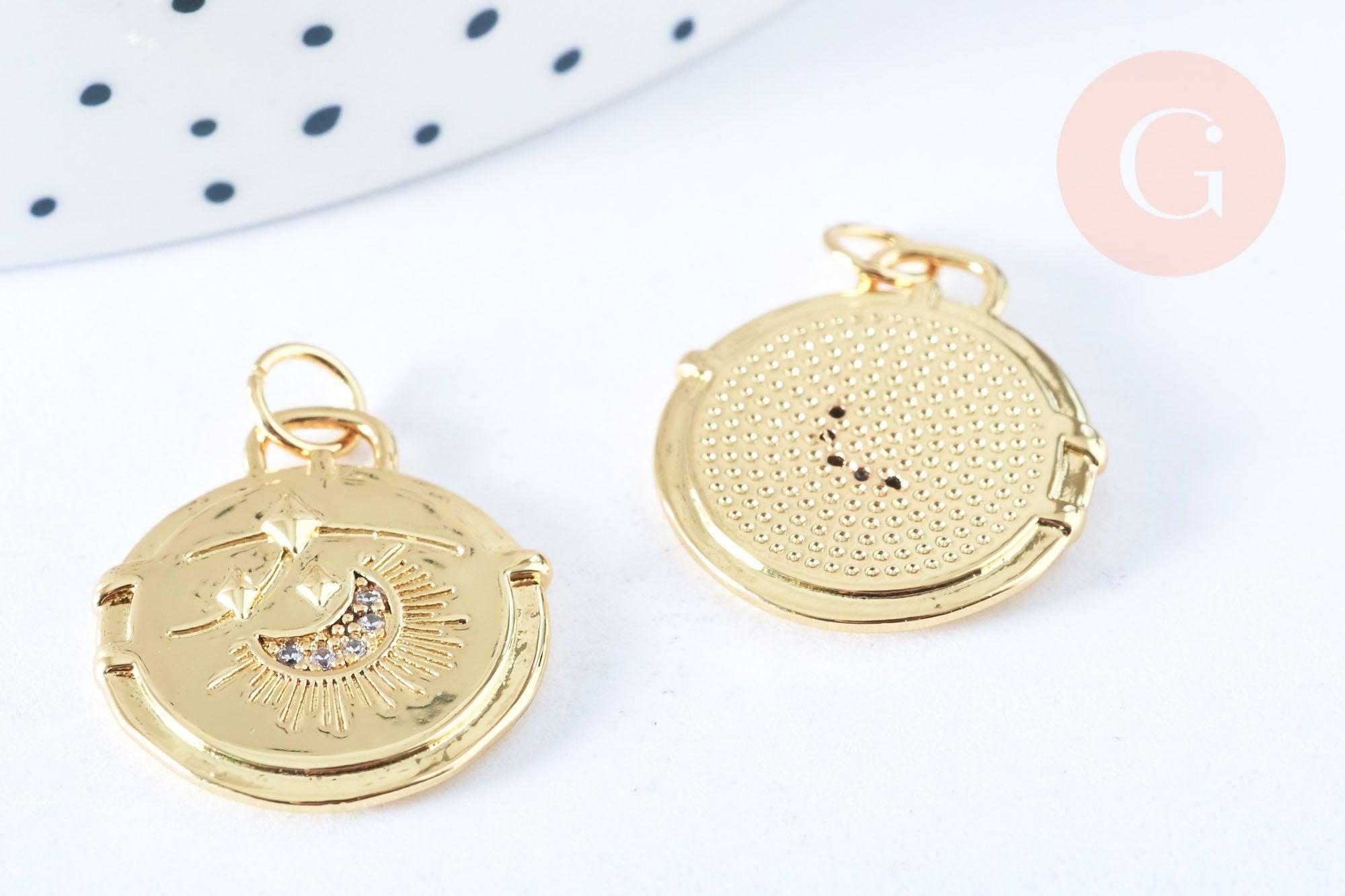 Pendentif rond lune laiton doré 18k cristal zircon 20x18mm,sans nickel, pendentif chance, x1 G6943
