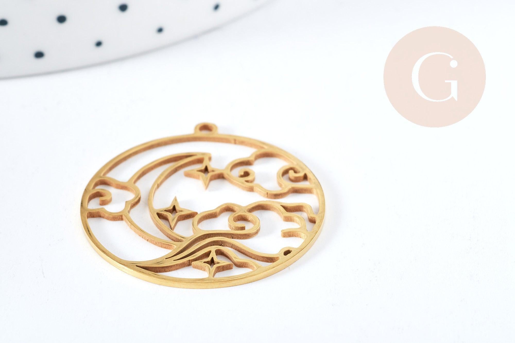 Pendentif rond lune nuage acier 201 doré inoxydable 32.5mm, x1 (G8815)