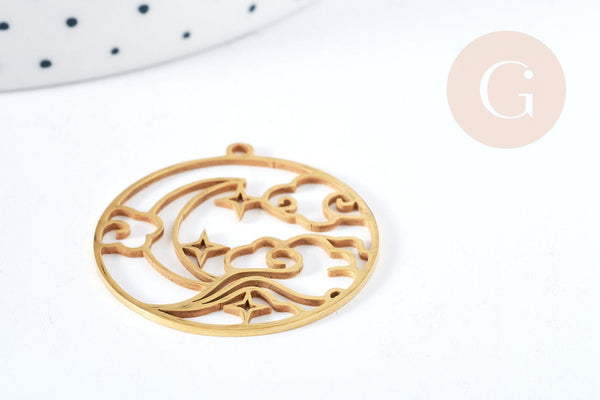 Pendentif rond lune nuage acier 201 doré inoxydable 32.5mm, x1 (G8815)