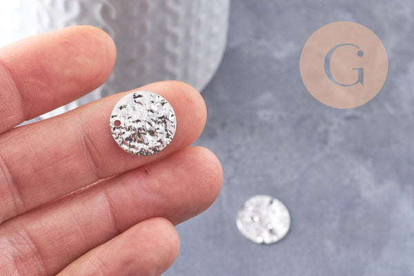 Pendentif rond martelé laiton argenté platine véritable, pendentif géométrique texturé or blanc, 15mm, x2 (G4620)