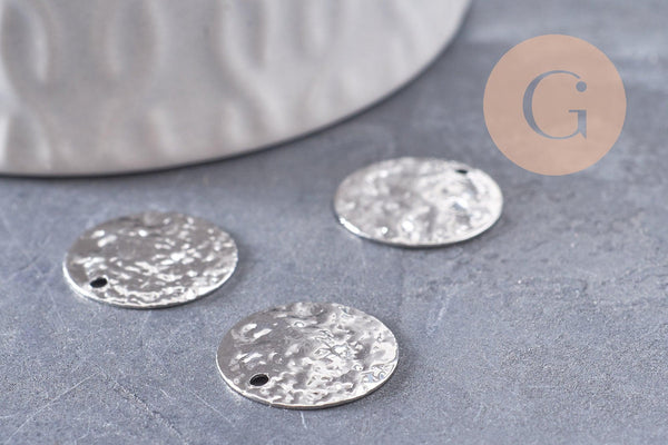 Pendentif rond martelé laiton argenté platine véritable, pendentif géométrique texturé or blanc, 15mm, x2 (G4620)