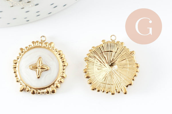 Pendentif rond motif fleur 304 inoxydable doré PVD résine blanche 23mm, x1 (G9405)