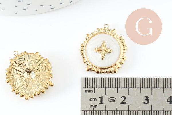 Pendentif rond motif fleur 304 inoxydable doré PVD résine blanche 23mm, x1 (G9405)