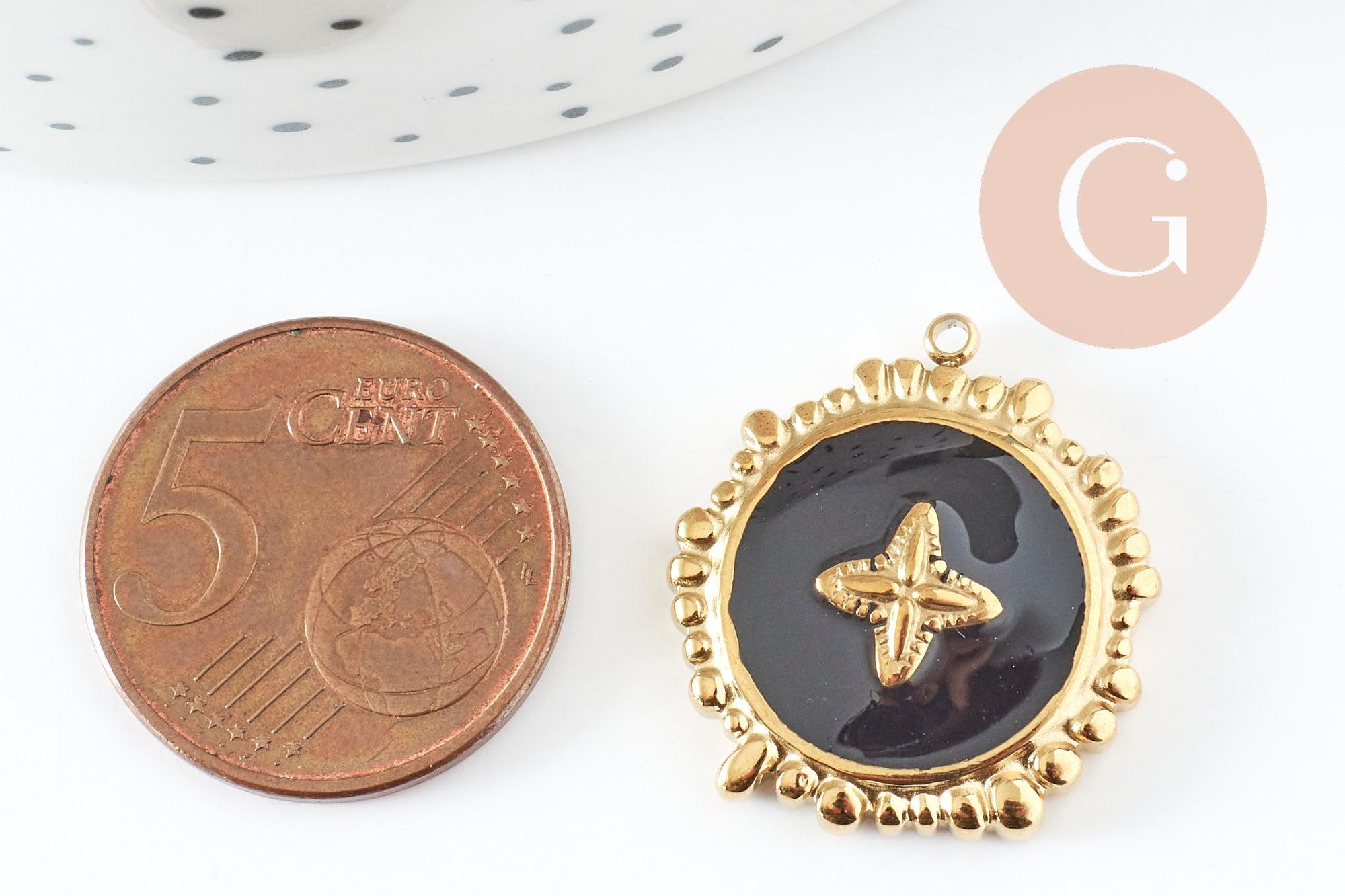 Pendentif rond motif fleur 304 inoxydable doré PVD résine noire 23mm, x1 G9406