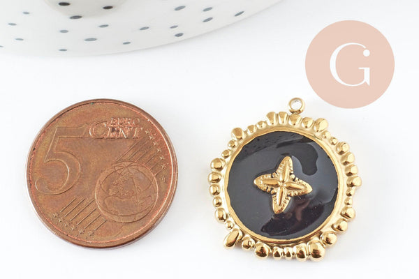 Pendentif rond motif fleur 304 inoxydable doré PVD résine noire 23mm, x1 G9406