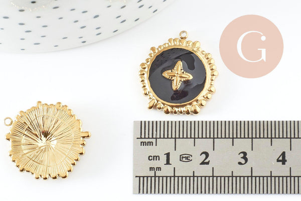 Pendentif rond motif fleur 304 inoxydable doré PVD résine noire 23mm, x1 G9406