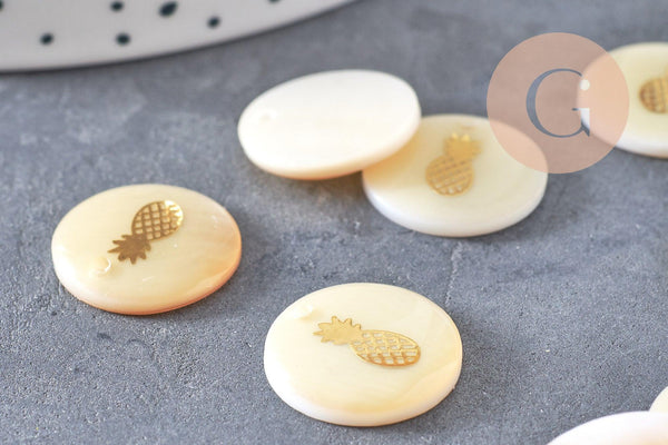 Pendentif rond nacre ananas,fourniture créative, pendentif ananas,coquillage blanc naturel,16mm,1 trou x10 (G0669)