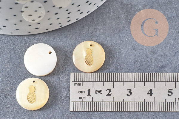 Pendentif rond nacre ananas,fourniture créative, pendentif ananas,coquillage blanc naturel,16mm,1 trou x10 (G0669)