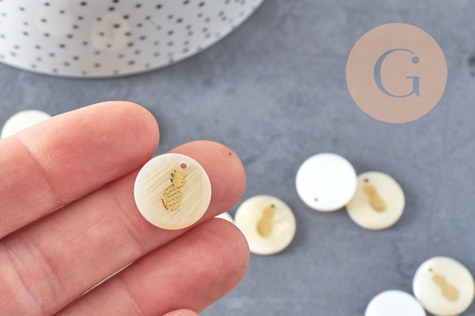 Pendentif rond nacre ananas,fourniture créative, pendentif ananas,coquillage blanc naturel,16mm,1 trou x10 (G0669)