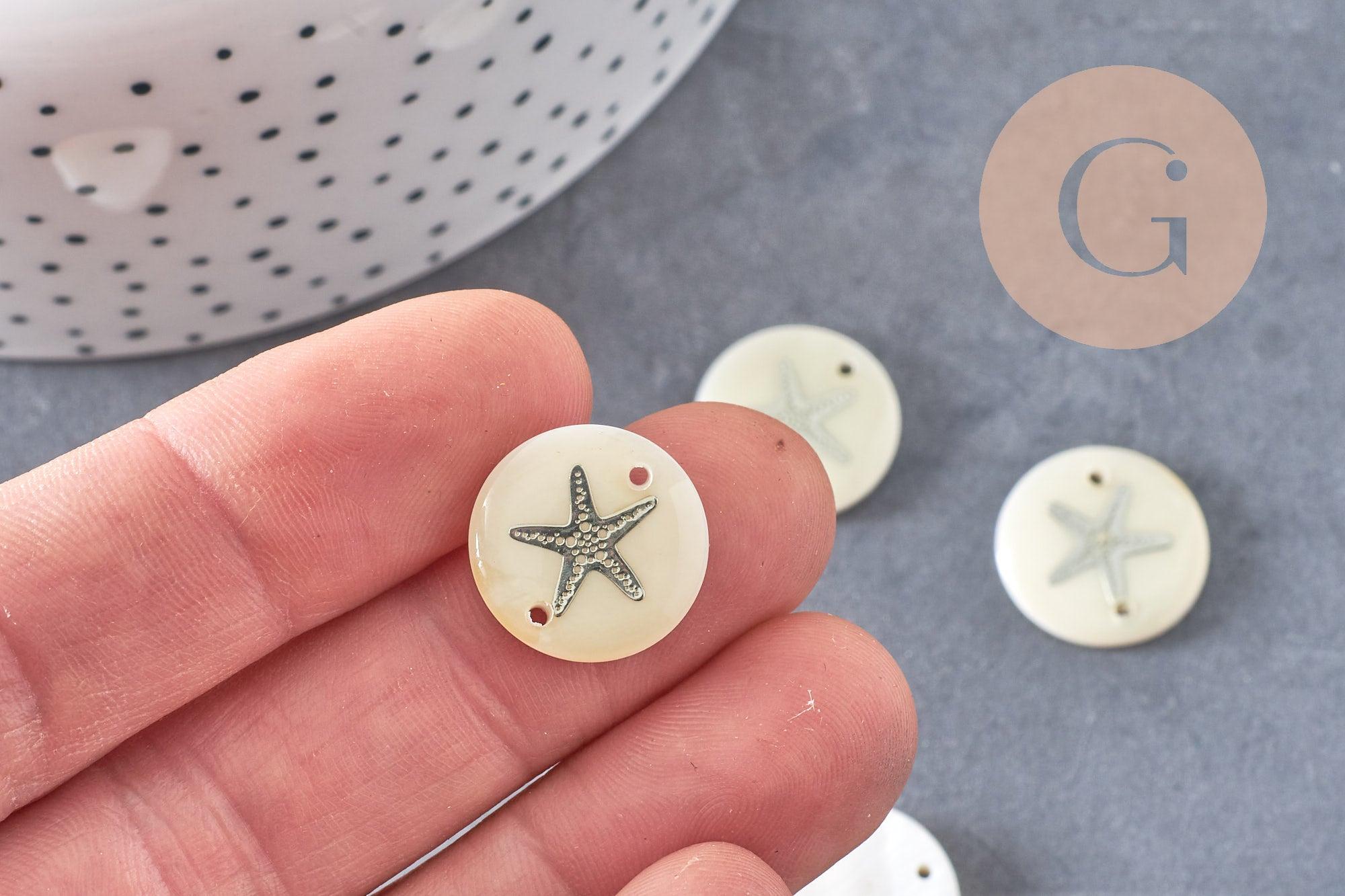 Pendentif rond nacre ancre argenté, pendentif ancre,coquillage blanc,coquillage naturel,création bijoux,16mm,2 trous x10 (G1070)