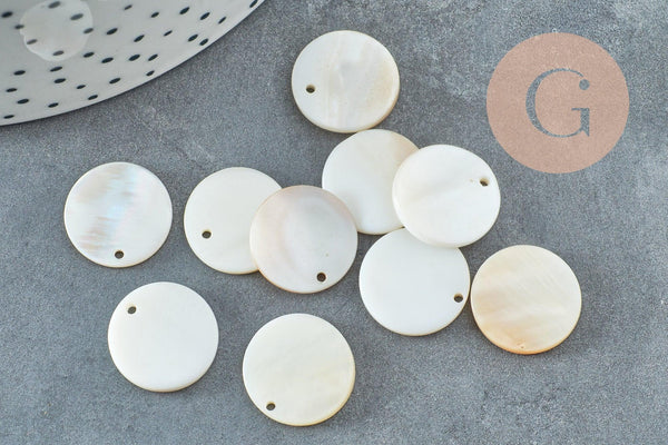 Pendentif rond nacre blanche 15mm, pendentif coquillage blanc naturel, 15mm, x10 ou x20 (G2181)