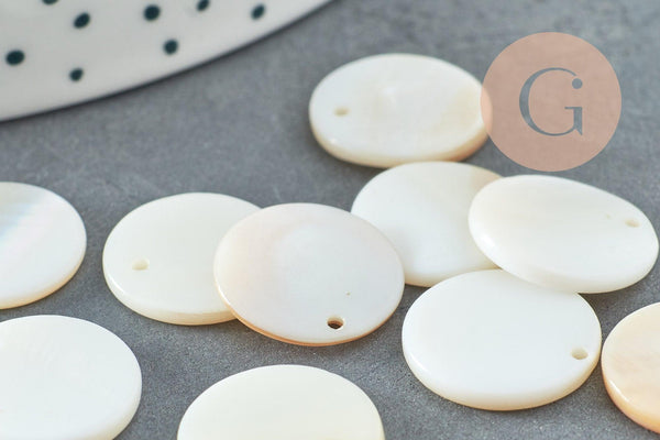 Pendentif rond nacre blanche 15mm, pendentif coquillage blanc naturel, 15mm, x10 ou x20 (G2181)