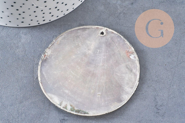 Pendentif rond nacre blanche argent, pendentif coquillage, coquillage blanc, coquillage naturel,création bijoux, 70mm, x1 (G1076)