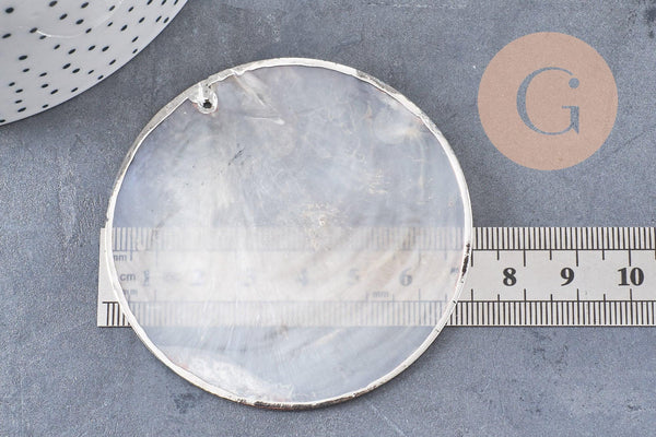 Pendentif rond nacre blanche argent, pendentif coquillage, coquillage blanc, coquillage naturel,création bijoux, 70mm, x1 (G1076)