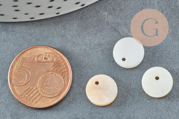 Pendentif rond nacre blanche, pendentif coquillage, coquillage naturel,11mm, x10 (G0360)