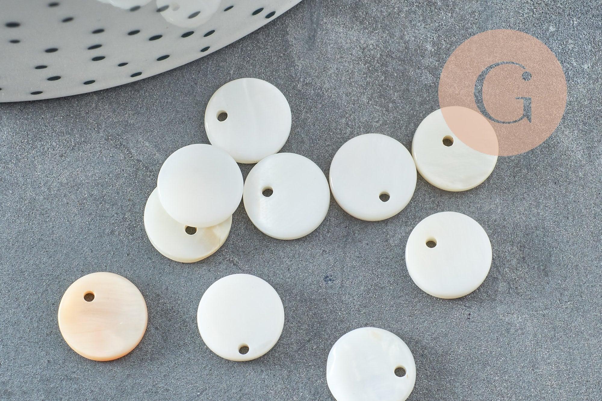 Pendentif rond nacre blanche, pendentif coquillage, coquillage naturel,11mm, x10 (G0360)