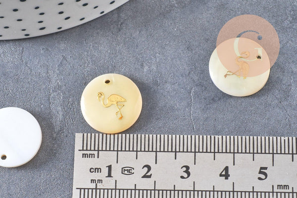 Pendentif rond nacre flamand rose, pendentif éléphant,coquillage blanc,coquillage naturel,création bijoux,16mm,1 trou x10 (G0481)