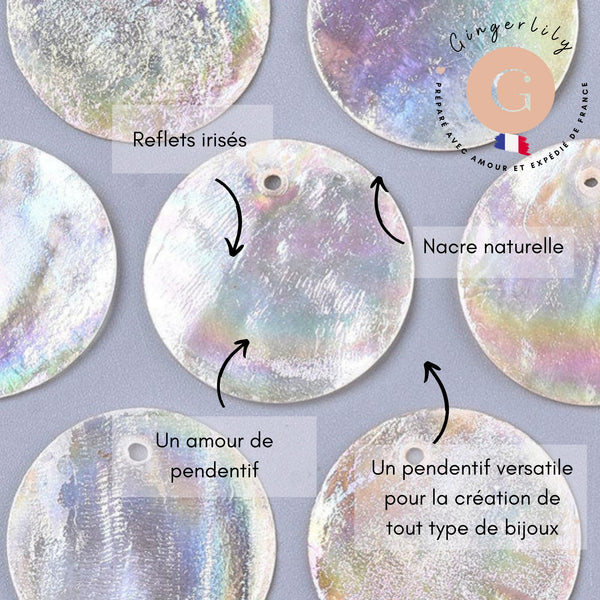 Pendentif rond nacre naturelle blanche irisé 25mm, x10 (G3010)
