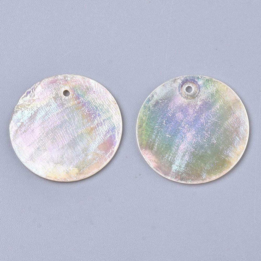 Pendentif rond nacre naturelle blanche irisé 25mm, x10 (G3010)