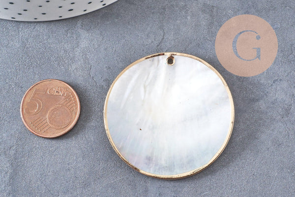 Pendentif rond nacre noire doré, pendentif coquillage, coquillage noir, coquillage naturel,45mm, x1 (G5413)