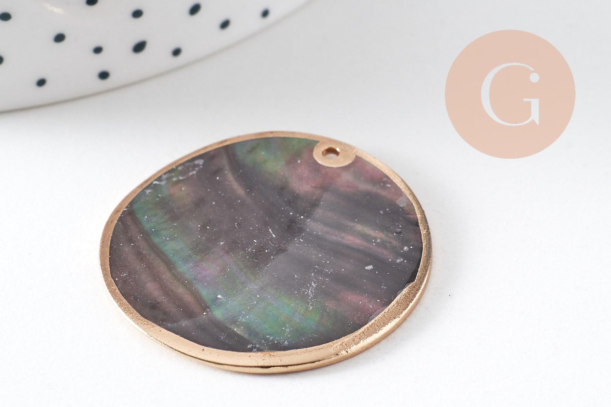 Pendentif rond nacre noire doré, pendentif coquillage, coquillage noir, coquillage naturel,création bijoux,35mm, x2 (G2182)
