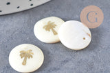 Pendentif rond nacre palmier, pendentif palmier,coquillage blanc naturel,16mm,1 trou, x 5 (G0833)