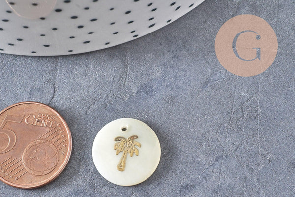 Pendentif rond nacre palmier, pendentif palmier,coquillage blanc naturel,16mm,1 trou, x 5 (G0833)