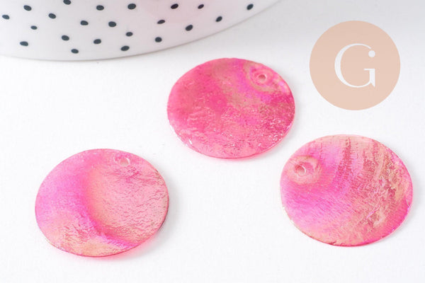 Pendentif rond nacre rose fuchsia irisé 25mm, x10 (G3975)