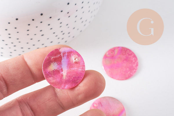 Pendentif rond nacre rose fuchsia irisé 25mm, x10 (G3975)
