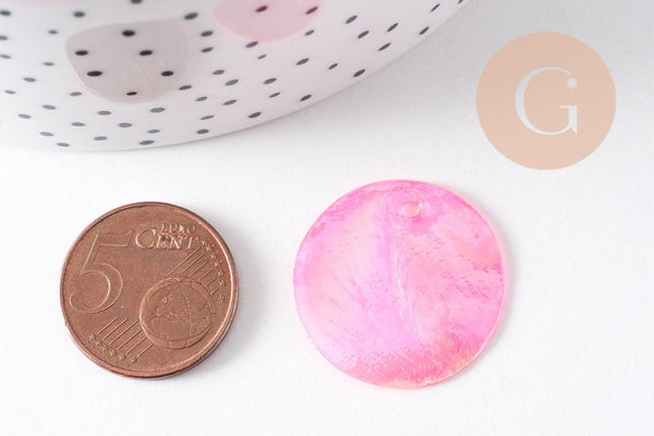 Pendentif rond nacre rose irisé 25mm, pendentif coquillage naturel rose , x10 (G3976)