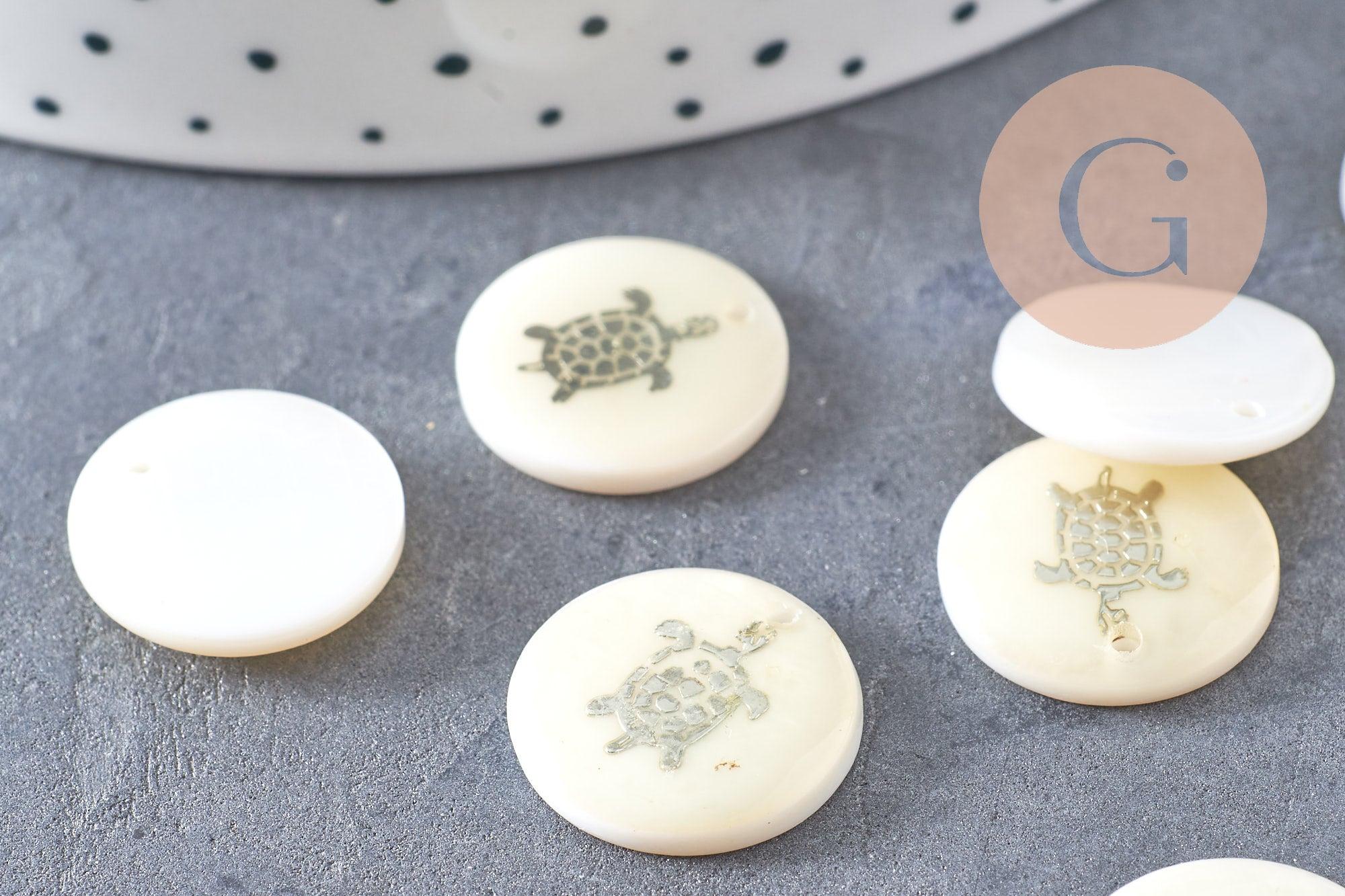 Pendentif rond nacre tortue, pendentif tortue,coquillage blanc naturel,16mm,1 trou x10 (G1068)