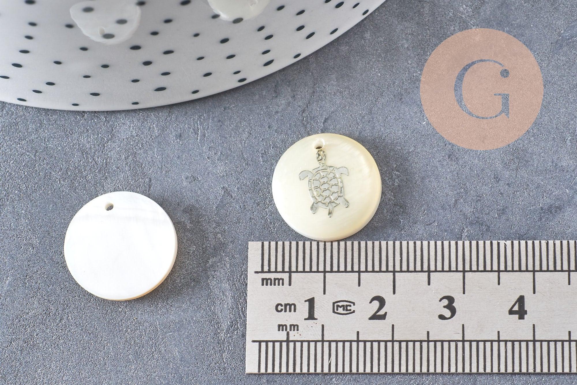 Pendentif rond nacre tortue, pendentif tortue,coquillage blanc naturel,16mm,1 trou x10 (G1068)