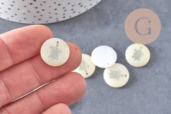 Pendentif rond nacre tortue, pendentif tortue,coquillage blanc naturel,16mm,1 trou x10 (G1068)