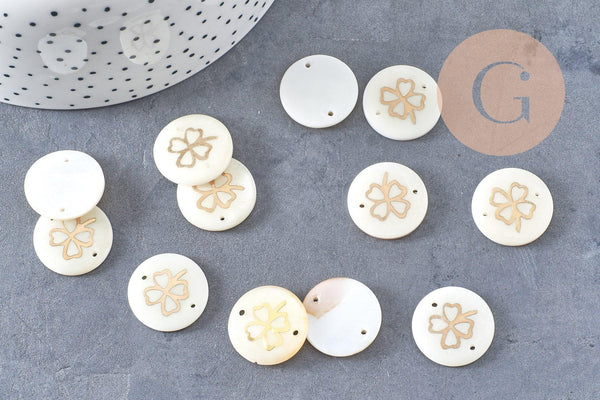 Pendentif rond nacre trèfle quatre feuilles 16mm, pendentif trèfle,coquillage blanc, coquillage naturel, x5 (G0915)