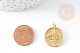 Pendentif rond oeil Egyptien laiton doré 18K texturé 22mm, x1 (G4853)