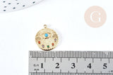 Pendentif rond oeil acier 304 inoxydable doré I¨P zircons multicolores 18mm, x1 (G8716)