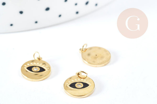 Pendentif rond oeil acier doré 316 inoxydable émaillé 11.5mm, x1 (G8856)