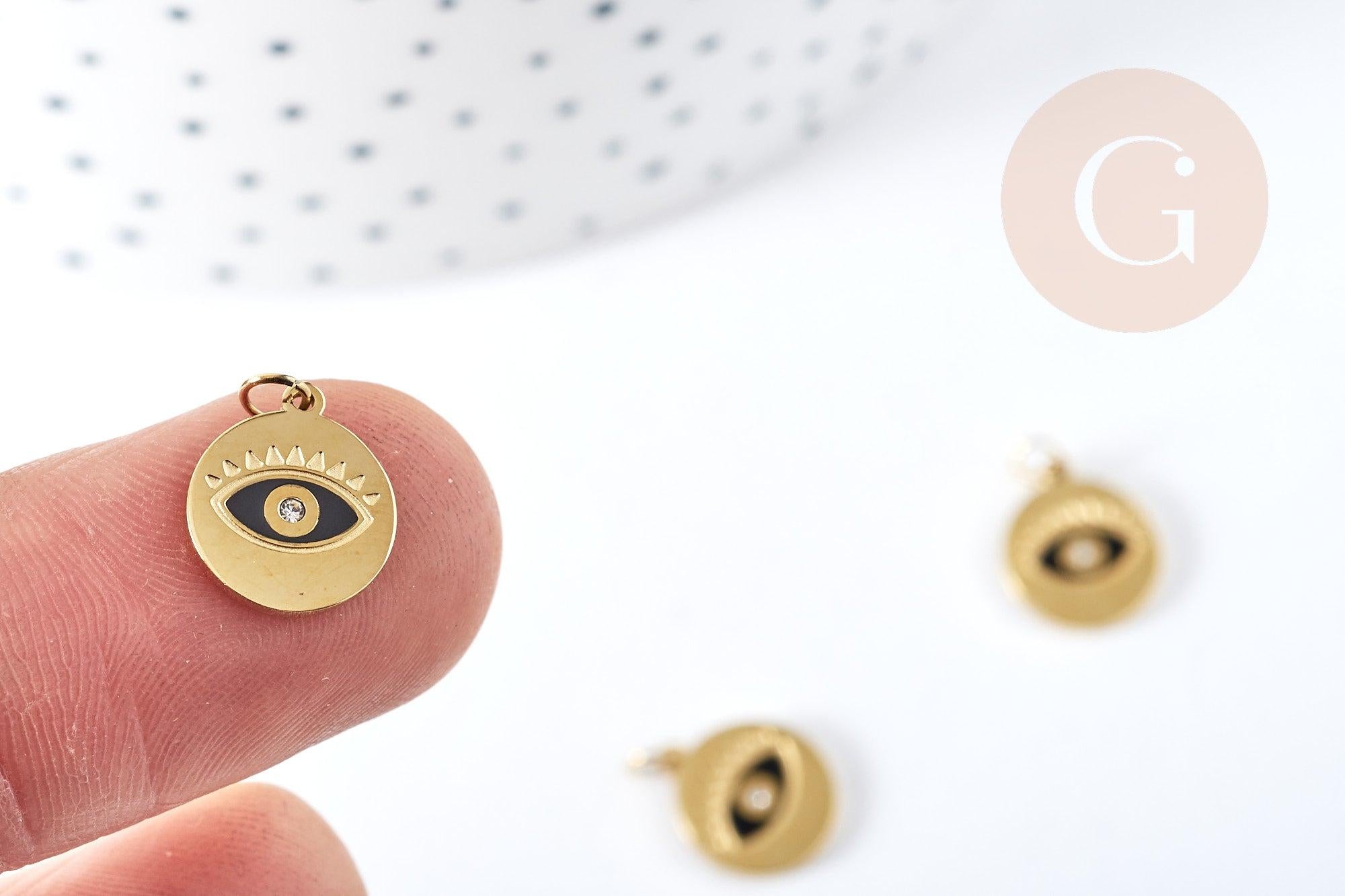 Pendentif rond oeil acier doré 316 inoxydable émaillé 11.5mm, x1 (G8856)
