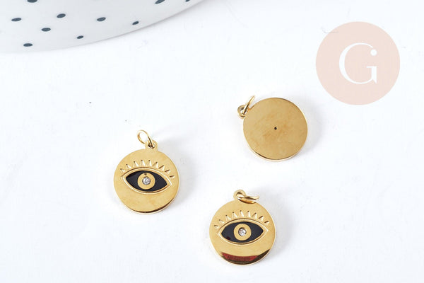 Pendentif rond oeil acier doré 316 inoxydable émaillé 11.5mm, x1 (G8856)