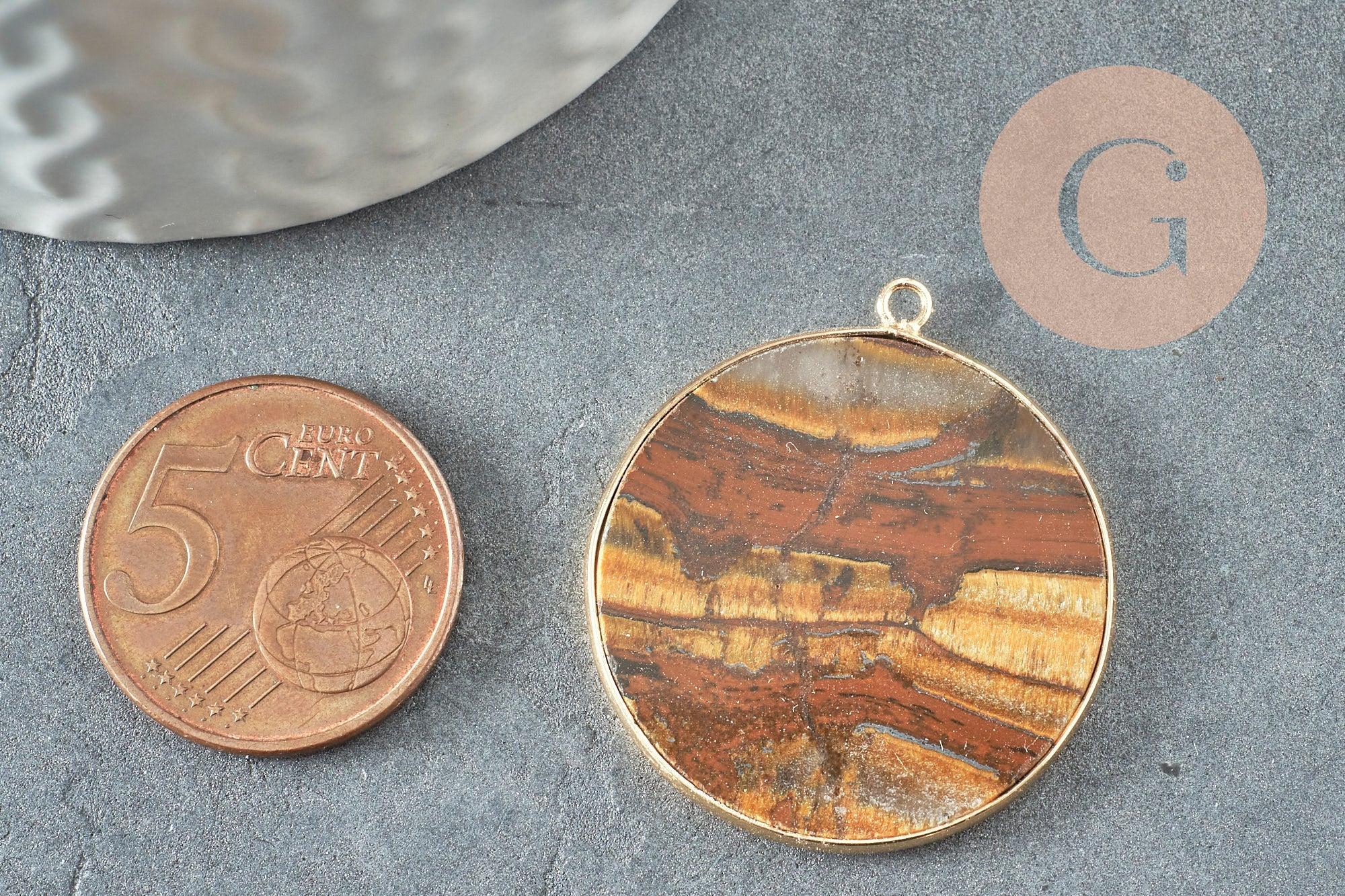 Pendentif rond oeil de tigre naturel laiton doré 32mm, x1 (G3082)