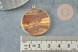 Pendentif rond oeil de tigre naturel laiton doré 32mm, x1 (G3082)