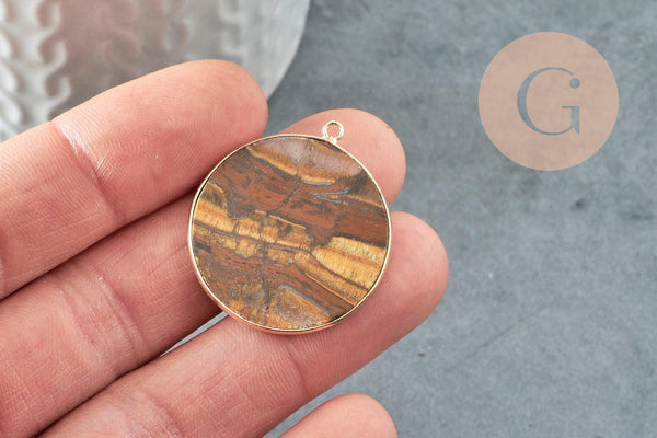Pendentif rond oeil de tigre, pendentif bijoux,pendentif pierre,oeil de tigre naturel,32mm, x1 G3082