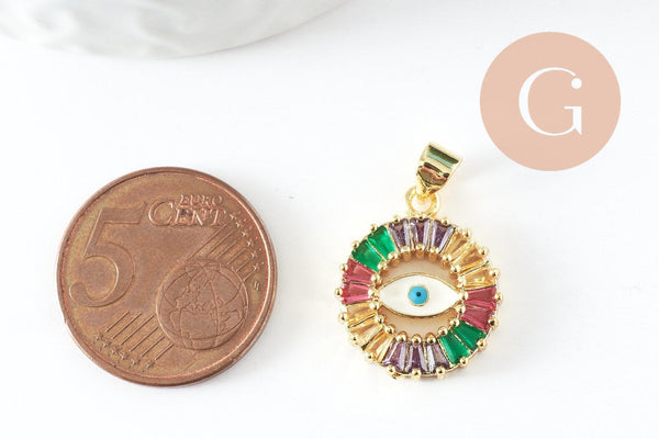 Pendentif rond oeil doré cristal zircon coloré, porte-bonheur contre mauvais oeil création bijoux,18mm, x1 (G5313)