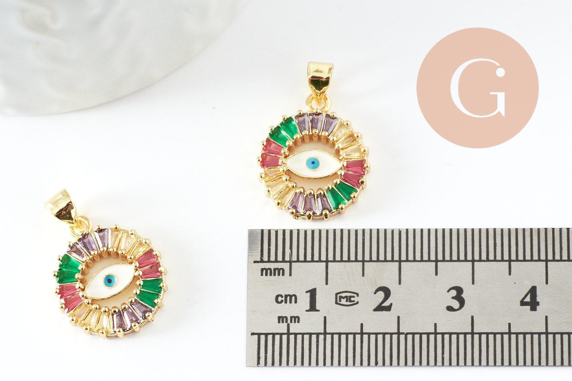 Pendentif rond oeil doré cristal zircon coloré, porte-bonheur contre mauvais oeil création bijoux,18mm, x1 (G5313)