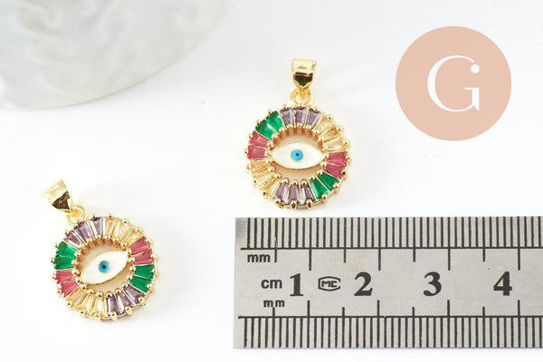 Pendentif rond oeil doré cristal zircon coloré, porte-bonheur contre mauvais oeil création bijoux,18mm, x1 (G5313)