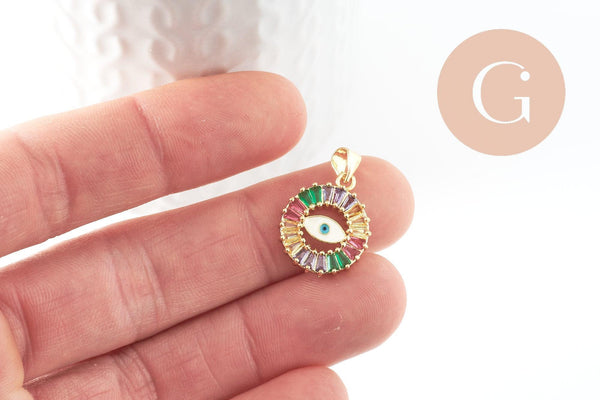 Pendentif rond oeil doré cristal zircon coloré, porte-bonheur contre mauvais oeil création bijoux,18mm, x1 (G5313)