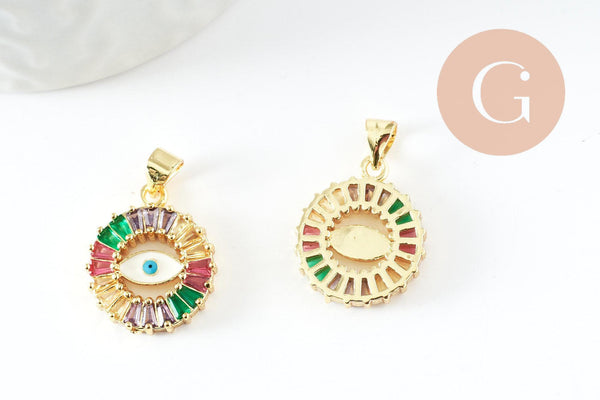 Pendentif rond oeil doré cristal zircon coloré, porte-bonheur contre mauvais oeil création bijoux,18mm, x1 (G5313)