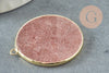 Pendentif rond quartz fraise naturel laiton doré 32mm, x1 (G3134)